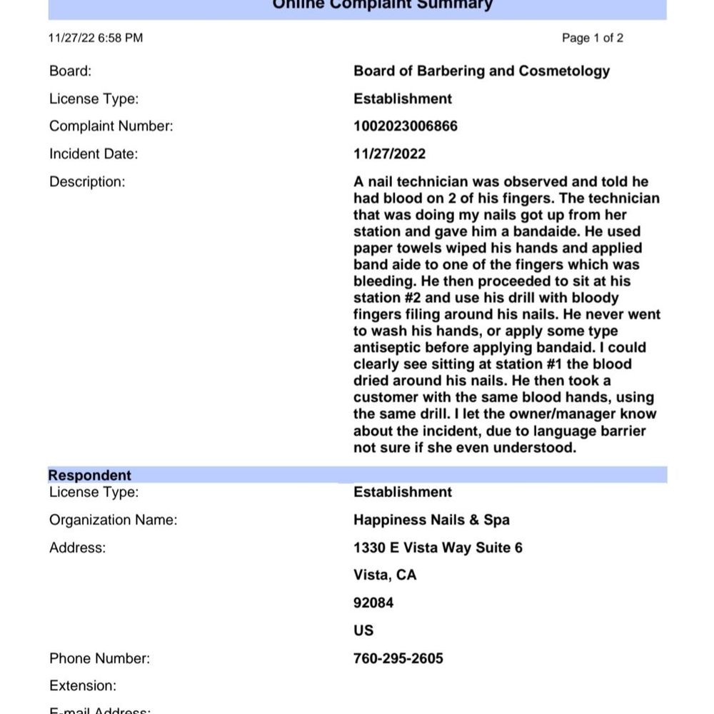 Happiness Nails & Spa - Vista - Complaint filed due to unsanitary practices - Nail Salons Near Me - Vista, California Happiness Nails & Spa - Vista - Complaint filed due to unsanitary practices - Nail Salons Near Me - Vista, California