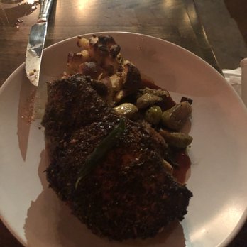Cha-Bella - Seared Hog Chop with Bread Pudding and Brussels Sprouts - New American Near Me - Savannah, Georgia Cha-Bella - Seared Hog Chop with Bread Pudding and Brussels Sprouts - New American Near Me - Savannah, Georgia