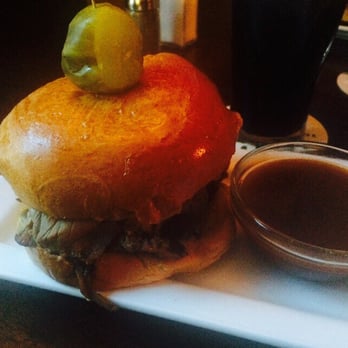 Dubh Linn Gate - Beef dip on brioche bun.... With a pickle on top & onion ring inside? - Irish Pub Near Me - Whistler, British Columbia Dubh Linn Gate - Beef dip on brioche bun.... With a pickle on top & onion ring inside? - Irish Pub Near Me - Whistler, British Columbia