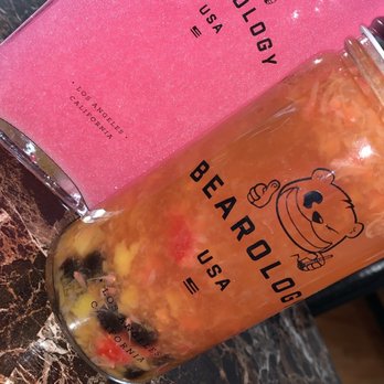 Bearology - Shimmering pink lemonade & mangoberry tea with boba. The mangoberry tea was heavy on the tea flavor & has mangoes and strawberry pieces. - Bubble Tea Near Me - Schaumburg, Illinois