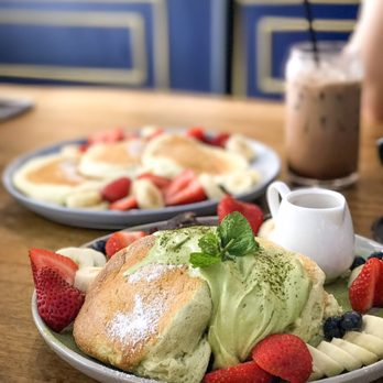 Basilur - Matcha soufflé pancakes with fruits ($17) - Coffee & Tea Near Me - Buena Park, California