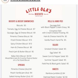 Little Ola's Biscuits - Menu of biscuits, sandwiches, spreads, salads, sweets, rolls, and hand pies