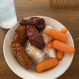 Spicy and Regular Fried Chicken (the carrots and rice are from my house, haha). Spicy and Regular Fried Chicken (the carrots and rice are from my house, haha).