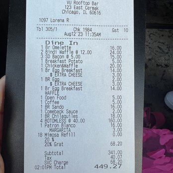 VU Rooftop - Receipt for a party of 8 - Lounges Near Me - Chicago, Illinois