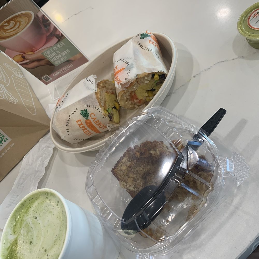 Carrot Express - A Matcha latte, Huevos Ranchos Burrito, Honey Almonds cake . - Salad Near Me - South Miami, Florida