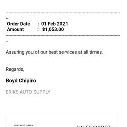 Erik's Auto Supply - Reciept for purchase