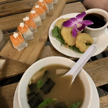 The Sushi Samurai - Tangy "salmon" roll, tempura "shrimp", and miso soup - Sushi Bars Near Me - Seattle, Washington The Sushi Samurai - Tangy "salmon" roll, tempura "shrimp", and miso soup - Sushi Bars Near Me - Seattle, Washington
