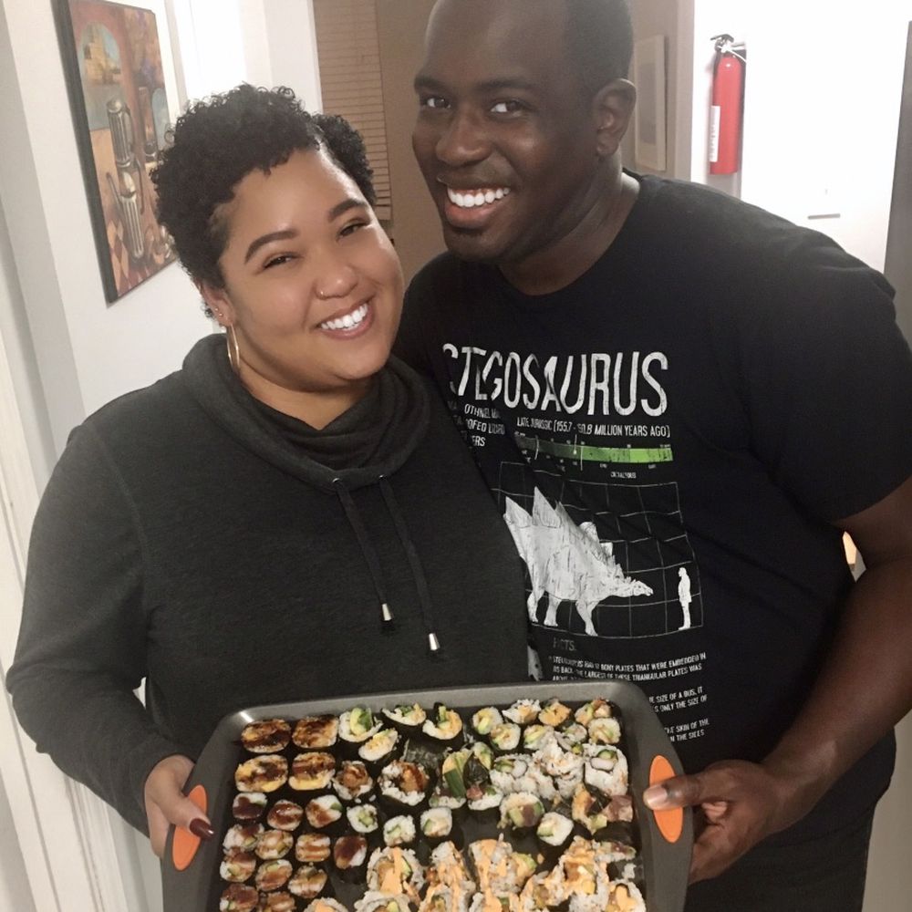 Me and my boyfriend with our sushi platter. Me and my boyfriend with our sushi platter.
