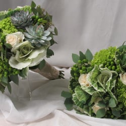 Flemington Floral Company and Greenhouses - Beautiful natural bridal bouquet and attendants bouquet with hydrangea, kale, hypericum and succulents.