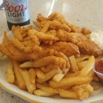 Brad's Restaurant - Fisherman's choice platter. 2 pieces of fish, clam strips and fries. Delicious! - Seafood Near Me - Pismo Beach, California