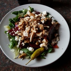 Christianos Pizza - Walnut salad with beets and grilled chicken.  Excellent on a cold day for lunch