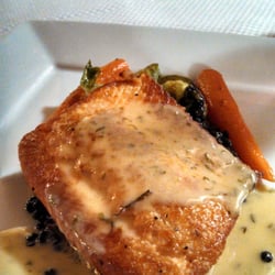 The University Club & Restaurant - Arctic Char with a Beluga Lentils, Beurre Blanc, and Roast vegetables.