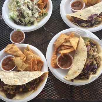 Island Taco - Wasabi Ahi taco salad, chicken teriyaki taco, pulled pork taco, Cajun taco And the chips and salsa  are the - Hawaiian Near Me - Waimea, Hawaii