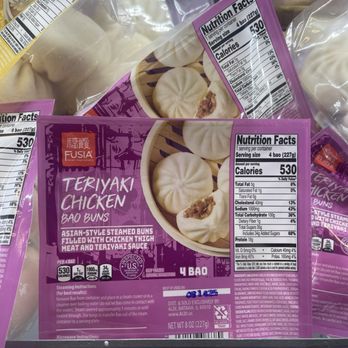 ALDI - Aldi - Package of frozen teriyaki chicken bao buns in purple packaging, with nutritional information and steaming instructions visible. - Grocery Near Me - Bronx, New York