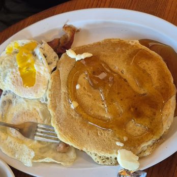 Mom's Kitchen - 10-14-25. Sweet cream pancakes, eggs, bacon and sausage.  Gut busting goodness - Breakfast & Brunch Near Me - Lake Worth, Florida
