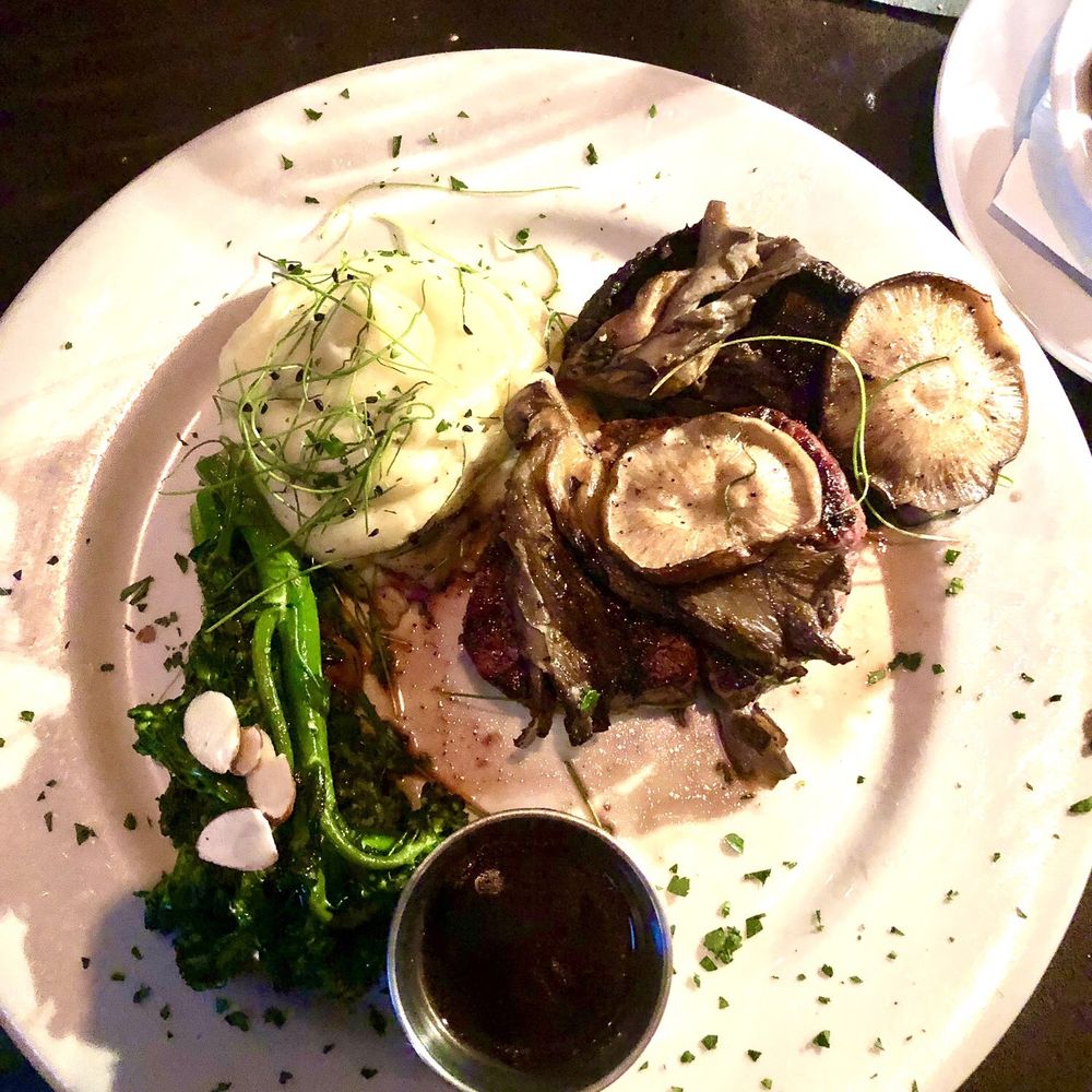 Pane Rustica - Oak grilled petite filet mignon with exotic mushrooms, demi glacé, mashed potatoes, grilled broccoli rabe - Italian Near Me - Tampa, Florida Pane Rustica - Oak grilled petite filet mignon with exotic mushrooms, demi glacé, mashed potatoes, grilled broccoli rabe - Italian Near Me - Tampa, Florida