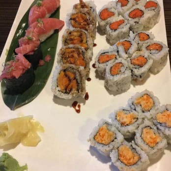 Ginza - sushi porn, basically.  Spicy tuna, spicy salmon, spicy cooked white fish, sweet potato roll, and fat tuna nigiri - Japanese Near Me - Pittsburgh, Pennsylvania