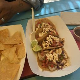 Mahi fish tacos (chips and salsa too) Mahi fish tacos (chips and salsa too)