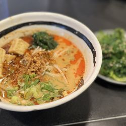 Tanaka Ramen & Izakaya - Spicy creamy vegan ramen with fresh garlic topping; seafood salad