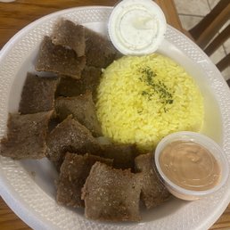 Beef and lamb gyro plate with saffron rice.
