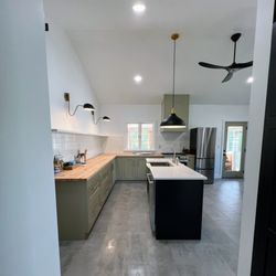 BigSpan Construction - Jefferson Heights, Catskill renovation (After photo) New kitchen, cathedral ceiling, tile floor, range hood, electric, butcher block, paint