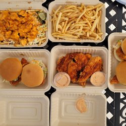 Flamin Hot Chicken - 4 sliders (Flamin & Death Row), 5 tenders (Flamin), Flamin Fries (Death Row), Corn elote