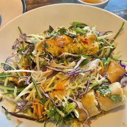 Cafe Green - Bún (vermicelli salad) with chicken satay and an egg roll