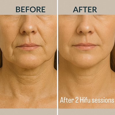 Korean Hifu - This image shows a side-by-side “Before and After” comparison of a woman’s lower face and neck. The “Before” side shows visible lines, sagging, and loose skin, while the “After” side appears smoother, tighter, and more lifted. The text indicates these results were achieved after two HIFU sessions. Korean Hifu - This image shows a side-by-side “Before and After” comparison of a woman’s lower face and neck. The “Before” side shows visible lines, sagging, and loose skin, while the “After” side appears smoother, tighter, and more lifted. The text indicates these results were achieved after two HIFU sessions.