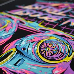 Full-color turbo print close-up -- the neon-on-black artwork is your print-quality wow shot.