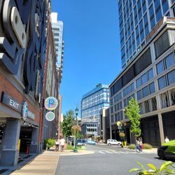 Pike & Rose - Trade Street - Parking garage on the left, and one on the right (almost across from each other) - October 2024