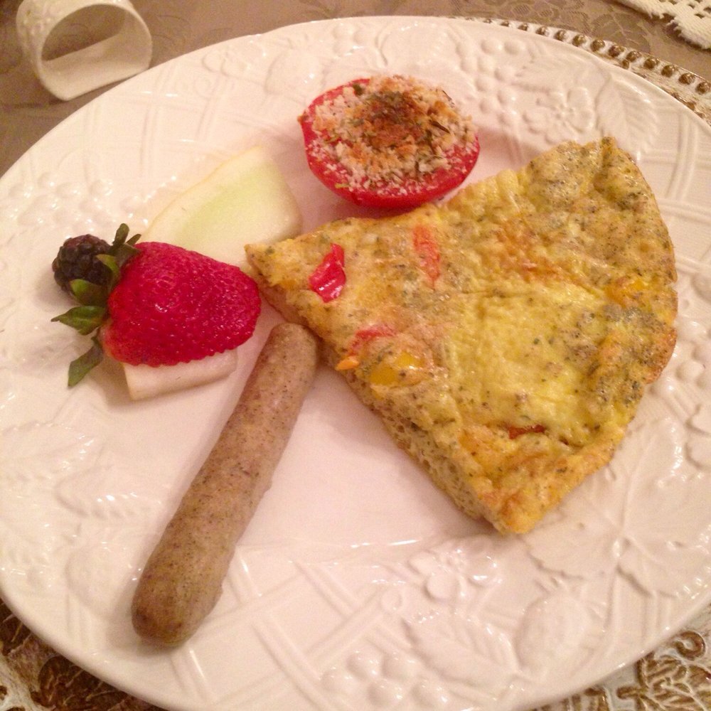 Barristers Bed & Breakfast - Breakfast third course - Local egg and cheese frittata with chicken & sage sausage. - Hotels Near Me - Seneca Falls, New York Barristers Bed & Breakfast - Breakfast third course - Local egg and cheese frittata with chicken & sage sausage. - Hotels Near Me - Seneca Falls, New York