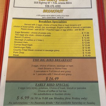 Early Bird Cafe - Menu page 1/4 as of 5/20/23 - American Near Me - Pine, Arizona Early Bird Cafe - Menu page 1/4 as of 5/20/23 - American Near Me - Pine, Arizona