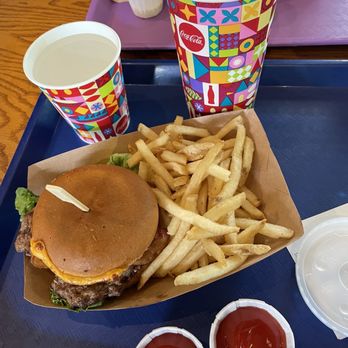 Backlot Express - 1/3 lb Angus Bacon Cheeseburger - Gluten/Wheat Allergy-friendly with fries and drink plus ketchup - American Near Me - Lake Buena Vista, Florida