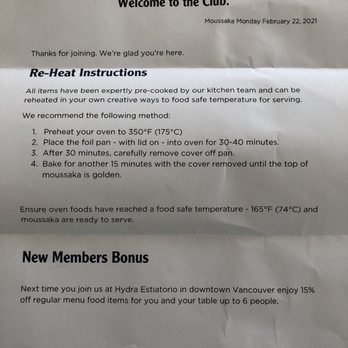 Hydra Estiatorio - Helpful reheating instructions - Mediterranean Near Me - Vancouver, British Columbia Hydra Estiatorio - Helpful reheating instructions - Mediterranean Near Me - Vancouver, British Columbia