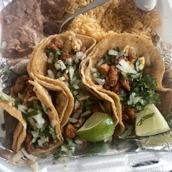 La Cocina De Sheyla - Al pastor tacos with rice and beans