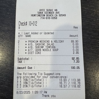 AYCE Sushi HB - Bill for 2 premium AYCE includes unlimited - Japanese Near Me - Huntington Beach, California