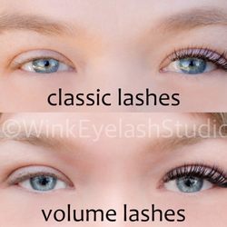 Wink Eyelash Studio - Classic vs volume lash comparison.