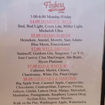 Finbars Italian Kitchen - Happy Hour drinks - Italian Near Me - Seal Beach, California