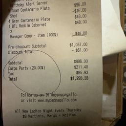 The bill for the bad experience discount -$13 what joke and -$44 bottle of wine they broke and spilled all over our shoes and feet horrible The bill for the bad experience discount -$13 what joke and -$44 bottle of wine they broke and spilled all over our shoes and feet horrible