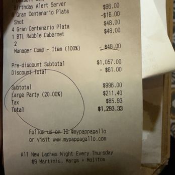 Pappa Gallo - The bill for the bad experience discount -$13 what joke and -$44 bottle of wine they broke and spilled all over our shoes and feet horrible - Peruvian Near Me - Rockville Centre, New York Pappa Gallo - The bill for the bad experience discount -$13 what joke and -$44 bottle of wine they broke and spilled all over our shoes and feet horrible - Peruvian Near Me - Rockville Centre, New York