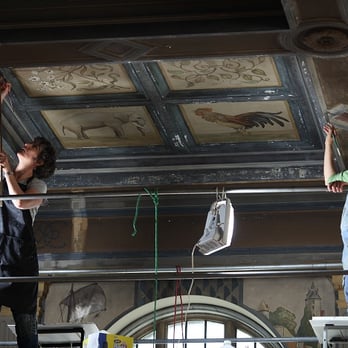 ICA - Art Conservation - Cleaning the ceiling at the Allen Memorial Art Museum - Art Restoration Near Me - Cleveland, Ohio ICA - Art Conservation - Cleaning the ceiling at the Allen Memorial Art Museum - Art Restoration Near Me - Cleveland, Ohio