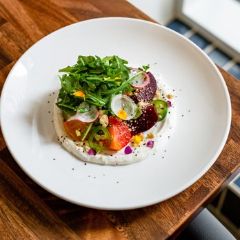 The Nash - Roasted Beets, Herbed labneh, mandarin vinaigrette, basil, arugula salad, dill pecan shortbread - New American Near Me - Houston, Texas The Nash - Roasted Beets, Herbed labneh, mandarin vinaigrette, basil, arugula salad, dill pecan shortbread - New American Near Me - Houston, Texas