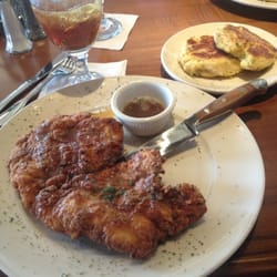 Chillfire Bar & Grill - Pecan crusted chicken with maple Dijon dressing, country Porto cakes as a side, and a sweet tea (: