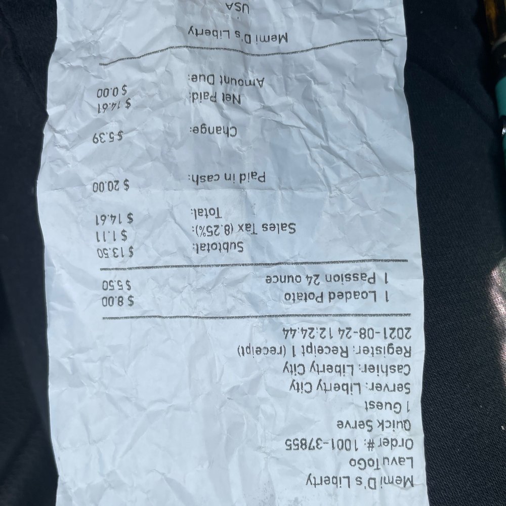 Memi D's - a receipt for a beer - Coffee & Tea Near Me - Kilgore, Texas