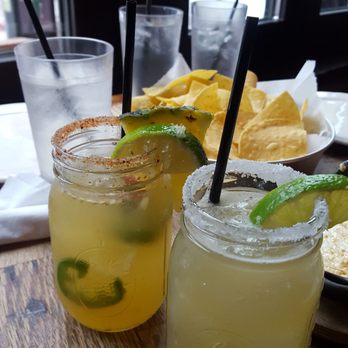 Bakersfield Mass Ave - Left: pineapple margarita with spicy rim Right: plain Bakersfield margarita - Bars Near Me - Indianapolis, Indiana