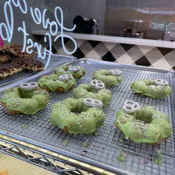Devil & Angel Desserts - green frosted donuts on a cooling rack - Ice Cream & Frozen Yogurt Near Me - Glendale, California