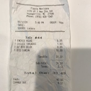 Fiesta Mexicana - This is the receipt of what we ordered - Mexican Near Me - Youngsville, North Carolina Fiesta Mexicana - This is the receipt of what we ordered - Mexican Near Me - Youngsville, North Carolina