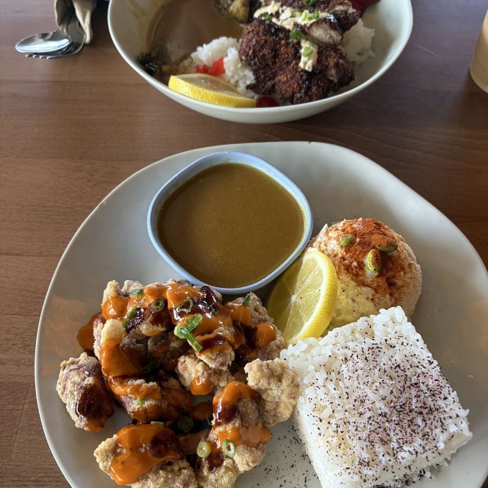Chicken karage, rice, curry, potato salad Chicken karage, rice, curry, potato salad