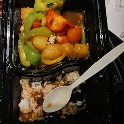 Pad Kee Mao Thai Food - What's left of the sweet & sour. Kids ate the few pieces of chicken. Small serving. veggies prepared well, but too salty for us to eat.