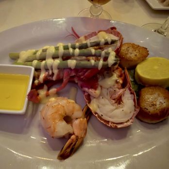 Halls Chophouse - Seafood Trio w/ asparagus - Steakhouses Near Me - Charleston, South Carolina Halls Chophouse - Seafood Trio w/ asparagus - Steakhouses Near Me - Charleston, South Carolina